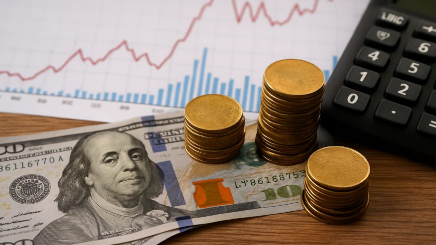 Imagem com cédulas de 100 dólares, moedas douradas empilhadas, uma calculadora e um gráfico de linha e barras ao fundo, representando a valorização do dólar e seu impacto financeiro.