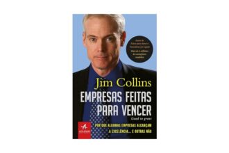 Capa do livro "Empresas Feitas para Vencer" de Jim Collins. A imagem mostra o autor com expressão séria, vestindo terno e gravata, ao lado do título em destaque. O subtítulo diz: “Por que algumas empresas alcançam a excelência... e outras não”. O livro trata de como empresas comuns se tornam excelentes de forma sustentável.