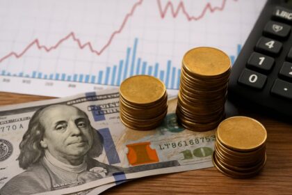 Imagem com cédulas de 100 dólares, moedas douradas empilhadas, uma calculadora e um gráfico de linha e barras ao fundo, representando a valorização do dólar e seu impacto financeiro.