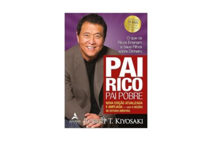 Capa do livro “Pai Rico, Pai Pobre” de Robert T. Kiyosaki, com a imagem do autor sorrindo, ao lado do título em destaque. Edição comemorativa de 20 anos, atualizada e ampliada, com foco em educação financeira e o que os ricos ensinam a seus filhos sobre dinheiro.