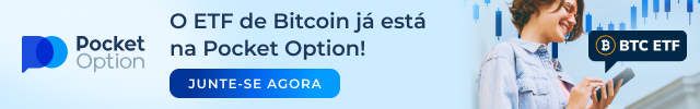 Mulher sorridente utilizando um smartphone, com gráficos de velas azuis ao fundo e a marca Pocket Option no topo; destaque para a mensagem “BTC ETF” e o texto “O ETF de Bitcoin já está na Pocket Option!”, promovendo o acesso ao ETF de Bitcoin pela plataforma.