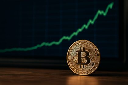 Moeda física de Bitcoin sobre uma superfície de madeira, com um gráfico de linha verde em ascensão exibido em uma tela ao fundo, representando a valorização do Bitcoin e o tema de alta histórica da criptomoeda abordado no artigo.