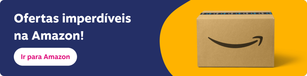 Banner promocional com fundo azul e amarelo, exibindo uma caixa de papelão com o logotipo da Amazon à direita e o texto “Ofertas imperdíveis na Amazon!” à esquerda, junto a um botão escrito “Ir para Amazon”, indicando uma chamada para acessar promoções no site da Amazon.