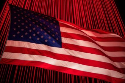 Bandeira dos Estados Unidos tremulando diante de um fundo iluminado por intensas luzes vermelhas verticais, sugerindo um clima de alerta ou crise. A imagem simboliza a crescente preocupação com a dívida pública dos EUA e seu impacto nos juros globais e no mercado financeiro.