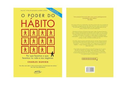 Capa do livro "O Poder do Hábito", de Charles Duhigg, com fundo amarelo, título em destaque e ilustração de figuras humanas dentro de quadrados, simbolizando repetição e padrão. O tema central do livro é como os hábitos moldam nossas ações na vida pessoal e profissional.