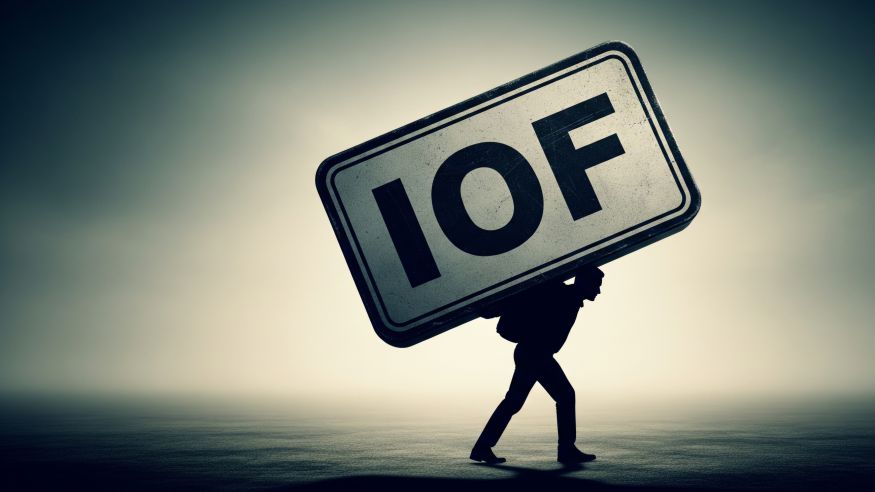 Silhueta de uma pessoa curvada carregando nas costas uma enorme placa metálica com as letras “IOF”, simbolizando o peso financeiro do imposto sobre o contribuinte. A imagem transmite o impacto negativo do IOF na vida do cidadão e seu papel em medidas de ajuste fiscal controversas.