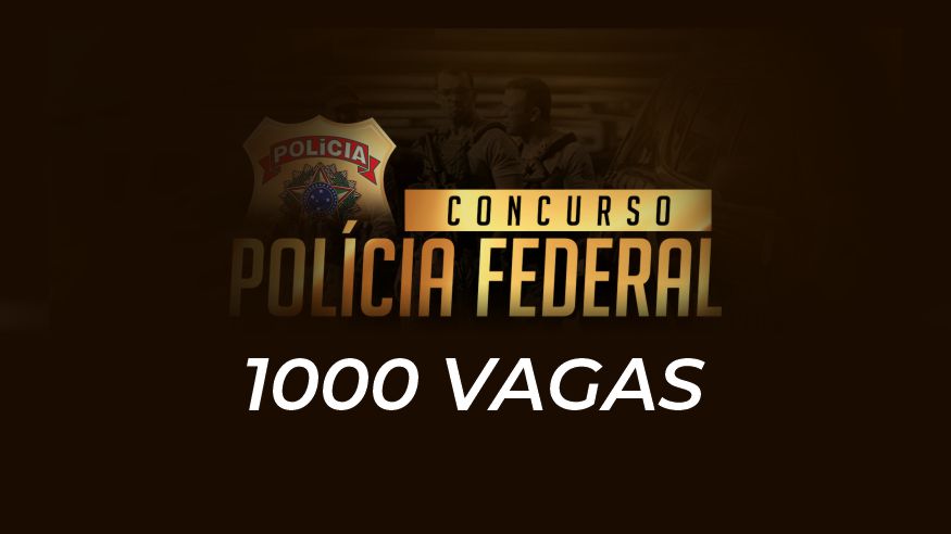 Imagem promocional de concurso público da Polícia Federal. Ao centro, há o brasão da corporação com o texto “CONCURSO POLÍCIA FEDERAL” em letras douradas. Abaixo, em destaque, está escrito “1000 VAGAS”. Ao fundo, há viaturas e agentes da PF, com efeito escurecido. A imagem comunica a abertura de mil vagas para o concurso da Polícia Federal.