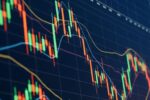 Gráfico digital com velas coloridas (candlesticks) e linhas de indicadores técnicos sobre fundo azul escuro, representando a análise de investimentos em ETFs no mercado internacional — tema central do artigo sobre opções essenciais para investir no exterior.