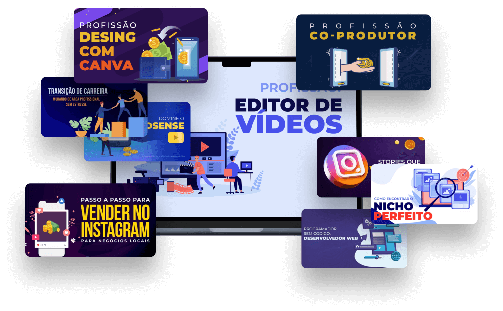Imagem ilustrativa de cursos oferecidos pela plataforma CyberClass, com destaque para a profissão de editor de vídeos. Ao redor de um notebook, aparecem miniaturas de aulas sobre design com Canva, co-produção, vender no Instagram, domínio do Google AdSense, transição de carreira, encontrar nicho perfeito, desenvolvimento web sem código e criação de stories impactantes. O tema é qualificação profissional e geração de renda com cursos práticos.