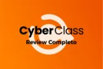 Logotipo da CyberClass em destaque sobre fundo laranja vibrante, com a frase “Review Completo” abaixo. A imagem representa uma análise detalhada da plataforma de cursos online CyberClass, voltada para capacitação profissional e geração de renda.