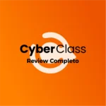 Logotipo da CyberClass em destaque sobre fundo laranja vibrante, com a frase “Review Completo” abaixo. A imagem representa uma análise detalhada da plataforma de cursos online CyberClass, voltada para capacitação profissional e geração de renda.