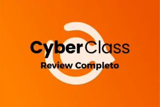 Logotipo da CyberClass em destaque sobre fundo laranja vibrante, com a frase “Review Completo” abaixo. A imagem representa uma análise detalhada da plataforma de cursos online CyberClass, voltada para capacitação profissional e geração de renda.