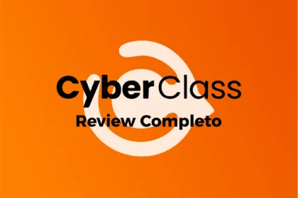 Logotipo da CyberClass em destaque sobre fundo laranja vibrante, com a frase “Review Completo” abaixo. A imagem representa uma análise detalhada da plataforma de cursos online CyberClass, voltada para capacitação profissional e geração de renda.