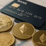 Imagem com moedas físicas representando criptomoedas Bitcoin e Ethereum, ao lado de dois cartões de crédito sobre um gráfico financeiro. A cena ilustra o tema de finanças digitais, métodos de pagamento modernos e o impacto das criptomoedas na economia atual.